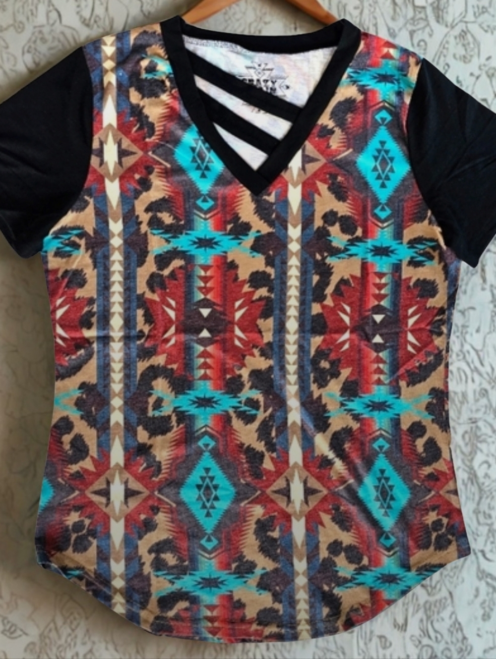 Crazy Train Printed Bohemian Short Sleeve V-Neck Top